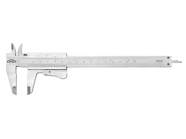 Posuvné měřítko KINEX/K-MET 150 mm, 0,05 mm, aretace tlačítkem, mm+inch, monoblok, ČSN 25 1238, DIN 862