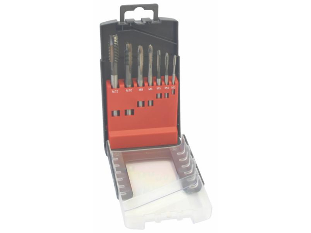 Sada závitníků 4CZECH M3-M12, 7 dílná PN8/1371(102) a 8/1376(105) přímá drážka s lamačem HSS, plastový box (SZ102-7P)