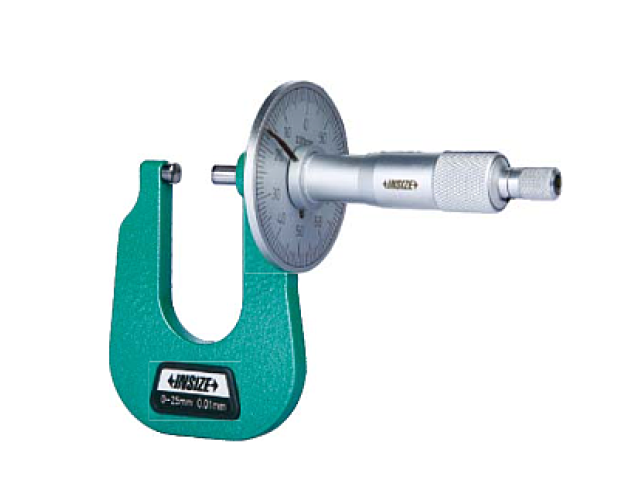 Mikrometr na měření tloušťky plechu INSIZE 0-50/0,01 mm s číselníkem, typ A - kulový dotek (3263-50A)