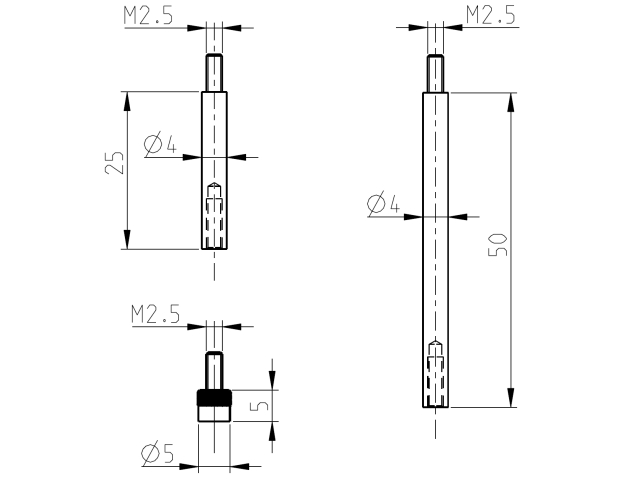 Dotek Sylvac plochý M2.5, d=5mm se 2 nástavci 25/50 mm (905.2206)